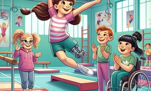 In een kleurrijke gymzaal trainen vier meisjes van 12 jaar samen. Lara, met lange bruine haren en sprankelende ogen, staat in het midden, glimlachend en in actie, terwijl ze een gracieuze sprong maakt. Rechts van haar staat Sophie, met blonde staartjes, enthousiast klappend in een roze t-shirt en blauwe shorts. Links staat Emma, een meisje in een rolstoel met kastanjebruine haren en een bril, die glimlacht en haar vriendinnen aanmoedigt in een paarse hoodie. Ten slotte staat Noor, met zwart haar en een pony, achter hen met een ondersteuningsbord en gekleed in een groene t-shirt. De gymzaal is ruim, met lichtblauwe muren en rode vloermatten. Parallelle stangen en een trampoline zijn zichtbaar op de achtergrond, terwijl posters van beroemde gymnasten de muren versieren. De hoofdactie toont Lara die een indrukwekkende sprong maakt, terwijl haar vriendinnen haar aanmoedigen met glimlachen en enthousiaste kreten, wat de teamgeest en kameraadschap in de sport illustreert.