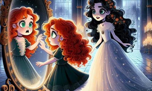 A 9-year-old girl named Emily stands in front of a large antique mirror in a mysterious ballroom. She has bright emerald eyes and fiery red hair that falls in curls around her face. Her expression is both amazed and slightly scared as she touches the cold surface of the mirror, as if about to uncover a hidden secret. Next to her, the mirror's guardian, a girl about 10 years old with night-black hair and sparkling eyes, wears a light dress that seems made of mist and light. She smiles gently at Emily, encouraging her to dive into the unknown. The vast ballroom features walls adorned with ancient portraits and large stained glass windows that let moonbeams in. The marble floor is covered in shadows that dance around them, creating a magical and mysterious atmosphere. The main scene shows Emily, fascinated, touching the mirror while the guardian watches her kindly. Shadows float around them, as if whispering secrets, while a soft light illuminates their encounter in this enchanted place.