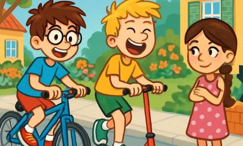 Há 3 personagens: Tomás, um garoto de 12 anos com cabelos castanhos bagunçados e óculos redondos, vestindo uma camiseta azul viva e um short vermelho, pedalando em sua bicicleta azul; Rodrigo, um garoto de 11 anos com cabelos loiros e sardas, usando uma camiseta amarela e tênis verdes, deslizando em sua patinete vermelha e rindo; e Sofia, uma menina de 8 anos com longos cabelos castanhos trançados e um sorriso travesso, vestindo um vestido rosa com bolinhas, de pé na calçada, de braços cruzados, encorajando-os com uma expressão divertida. O cenário é uma rua movimentada, com casas coloridas e jardins floridos. Crianças brincam ao redor, e um gato preto se estira ao sol em um muro. O céu é azul com algumas nuvens brancas, criando uma atmosfera alegre e cheia de vida. A cena principal mostra Tomás e Rodrigo em uma corrida divertida, enquanto Sofia observa seriamente, pronta para cronometrar. Tomás está na bicicleta, e Rodrigo faz manobras na patinete, ambos determinados a vencer, criando uma cena cheia de energia e camaradagem.