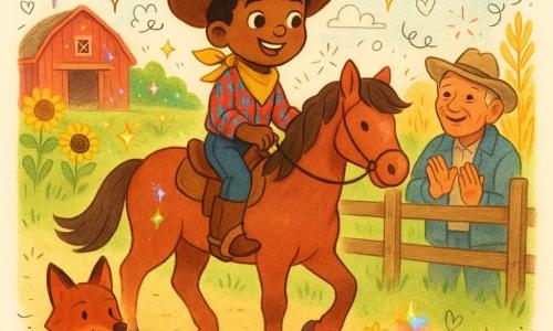 Young smiling, determined cowboy with a wide brown hat, red-and-blue plaid shirt and shiny leather boots rides a big chestnut horse named Dusty trotting gently left; joyful expression, bright wide eyes. An older rancher (Mr. Hanks), ~60, with a kindly wrinkled face and denim jacket stands by a wooden fence on the right, applauding as the cowboy returns. A clever red fox sits foreground left, pointed ears and a slightly smiling, curious look like a friend. Dusty is faithful and calm with a mane in the breeze. Daytime ranch setting: green pasture, red wooden barn, pale blue sky, faint rainbow, sunflowers and golden cornfields; soft textures and saturated colors. Main scene: the young cowboy brings color back to the ranch—joyful, warm, optimistic atmosphere with vibrant colors returning around flowers and buildings.