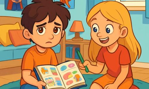 Um garoto de 12 anos, Miguel, com cabelos castanhos bagunçados e olhos brilhantes de curiosidade, está sentado em um tapete macio em seu quarto. Ele tem uma expressão melancólica, mas determinada, segurando um caderno aberto cheio de desenhos coloridos e palavras escritas à mão. Ao seu lado, sua melhor amiga, Júlia, uma menina de 12 anos com cabelos longos e loiros, sorri calorosamente enquanto segura um lápis, pronta para ajudá-lo a desenhar. O quarto é iluminado, com paredes pintadas de azul claro, pôsteres de super-heróis pendurados e um canto de leitura confortável cheio de almofadas coloridas. A cena principal mostra Miguel e Júlia criando juntos um diário de memórias, cercados por lápis de todas as cores, simbolizando esperança e criatividade diante da separação dos pais.