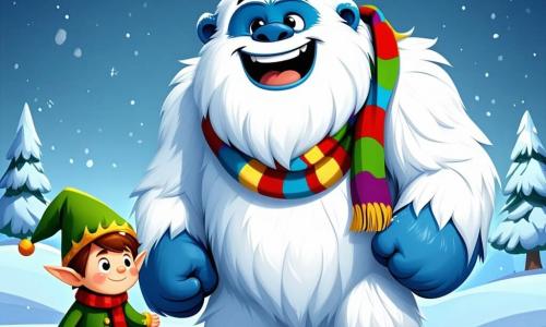Un yéti llamado Bola de Nieve, con un pelaje blanco brillante, sonríe felizmente en el centro de la imagen. Tiene brazos anchos y esponjosos, y lleva una bufanda multicolor que ondea al viento. A su lado, un pequeño duende llamado Pizca, de unos 8 años, con un sombrero puntiagudo verde y botas grandes, ríe mientras se sujeta la cintura, con su cabello rizado saliendo de su sombrero. Al fondo, un campo de flores de colores vivos se extiende bajo un cielo azul claro con nubes esponjosas. La escena irradia una atmósfera festiva y alegre, con flores que parecen reír y bailar a su alrededor, mientras burbujas flotan en el aire, añadiendo un toque mágico.