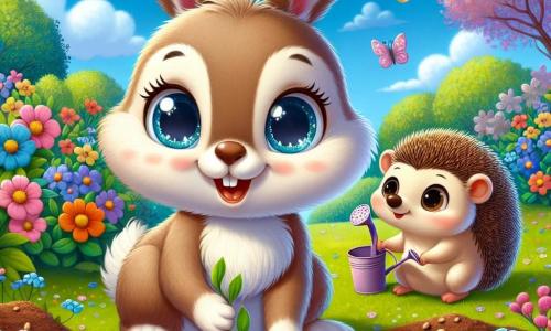 Ein kleiner Hase namens Felix mit einem weichen, seidigen, hellbraunen Fell, großen aufrechten Ohren und funkelnden, neugierigen Augen pflanzt gerade Samen in einem sonnigen Garten. Er zeigt ein breites Lächeln, das vor Begeisterung und Freude strahlt. Neben ihm steht sein bester Freund Max, ein kleiner Igel mit weichen Stacheln und einem cremefarbenen Bauch, der Felix bewundernd ansieht und eine kleine Gießkanne hält. Max sieht konzentriert und glücklich aus, bereit, seinem Freund bei diesem schönen Frühlingsabenteuer zu helfen. Der Garten ist ein wahres Farbenspiel: leuchtende Blumen in allen Nuancen, blühende Bäume mit zartgrünen Blättern und ein hellblauer Himmel mit ein paar fluffigen weißen Wolken. Schmetterlinge umschwirren sie und verleihen dem Moment Magie. Die Hauptszene zeigt Felix und Max, die gemeinsam im Garten arbeiten, umgeben von der Schönheit des Frühlings, während sie sorgfältig Samen pflanzen und gespannt darauf warten, die Wunder der Natur erblühen zu sehen.