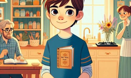 Un ragazzo di 10 anni, Leo, con i capelli castani e gli occhi curiosi, è in piedi in una cucina accogliente, con un leggero sorriso che esprime determinazione e nervosismo. Indossa una maglietta blu con un motivo di libro e pantaloni corti beige, le mani leggermente tremanti mentre si prepara a parlare ai suoi genitori. Sua madre, una donna di circa 35 anni con i capelli castani raccolti e occhiali, è seduta al tavolo, guardando Leo con attenzione, con un libro di cucina aperto davanti a lei. Suo padre, un uomo di circa 40 anni con una leggera barba e capelli corti, è in piedi accanto ai fornelli, tenendo una spatola, pronto ad ascoltarlo. La cucina è luminosa e accogliente, con pareti gialle, mensole piene di barattoli di spezie colorate e una finestra che lascia entrare la luce del sole. Leo prende un respiro profondo e inizia a esprimere i suoi sentimenti ai genitori, creando un momento di connessione e ascolto in questa scena familiare calorosa.