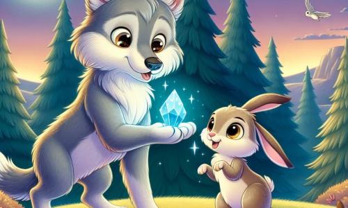 Un lupo di nome Leo, con un morbido pelo grigio e occhi brillanti come stelle, si trova al centro della scena, guardando con meraviglia un magnifico cristallo blu scintillante tra le sue zampe. Accanto a lui, la sua migliore amica, Lila la lepre, con il suo pelo marrone chiaro e grandi orecchie, salta di gioia, i suoi occhi brillano di curiosità. La scena si svolge sulla cima di una collina verdeggiante, circondata da alberi maestosi con foglie dorate, sotto un cielo crepuscolare in cui la luna inizia a brillare, illuminando il paesaggio con una luce dolce e magica. Leo e Lila, affascinati dal cristallo, si preparano a sollevarlo verso la luna, pronti a restituirgli il suo splendore.