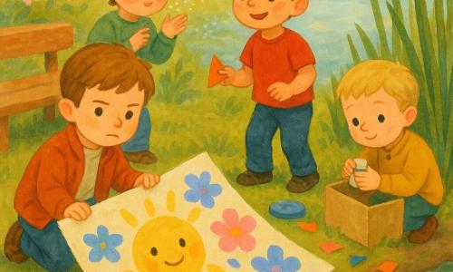 Ci sono quattro bambini: Leo, quasi 6 anni, capelli castano chiaro, guarda serio da piccolo detective e tiene un angolo del grande cartellone bagnato inginocchiato vicino all’acqua; Nino, 5 anni, capelli corti scuri, vivace, tiene un piccolo triangolo arancione nella mano destra, in piedi a destra di Leo vicino a una chiazza di fango; Samu, 5 anni, capelli ricci, ama i colori, soffia sui brillantini e tiene un pennello, leggermente dietro Leo al centro; Teo, 4 anni e mezzo, biondo e timido ma gentile, chiude con cura un vasetto di colla accovacciato vicino a una grande scatola di cartone. Luogo: cortile della scuola in primavera, bordo di uno stagno calmo con rive fangose e canne verdi, una panchina di legno, foglie e pezzi di carta colorata sparsi. Situazione: i quattro riportano delicatamente un grande cartellone colorato (sole giallo sorridente, fiori di carta rosa e azzurri, un angolo stropicciato e umido) messo come riparo sulla riva sotto cui si rannicchiano due piccoli paperotti gialli; si vedono un vasetto di colla chiuso, brillantini sparsi, una spugna con macchia di vernice blu e impronte di passi nel fango. Atmosfera visiva: gouache morbida, tratti caldi, palette primaverile luminosa (giallo, verde tenue, rosa, azzurro), texture di pennello visibili, espressioni chiare e benevole, composizione centrata sull’azione dolce e collaborativa.
