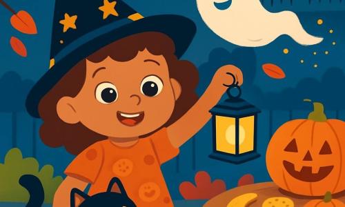 Una bambina di 4 anni, con capelli ricci e occhi brillanti come nocciole, sorride con meraviglia mentre tiene in mano una lanterna luminosa. Indossa un cappello da strega nero decorato con stelle dorate e un vestito arancione con motivi di zucche. Accanto a lei, un gatto nero dagli occhi verdi, di nome Micio, si strofinano contro la sua gamba, mostrando un'espressione curiosa e amichevole. Un piccolo fantasma fluttuante, Puff, con un volto sorridente, volteggia gioiosamente intorno a loro, lasciando dietro di sé una scia di polvere scintillante. Il contesto è una bella serata autunnale, con foglie rosse e dorate che cadono dagli alberi e lanterne arancioni che illuminano i balconi delle case circostanti. La scena si svolge in un giardino decorato per Halloween, con un tavolo adornato di biscotti a forma di luna e piccole zucche. La situazione principale mostra la bambina e i suoi amici intenti a preparare una festa di Halloween gioiosa, ridendo e condividendo dolcetti, mentre la magia della notte li circonda, creando un'atmosfera calda e festosa.