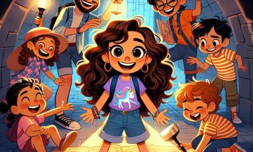 Una ragazza di 9 anni, Sofia, con lunghi capelli castani ondulati e occhi brillanti di curiosità, è al centro dell'immagine. Indossa una maglietta colorata con un motivo di unicorno e un pantaloncino di jeans, sorridendo ampiamente con le braccia aperte, come se avesse appena scoperto un tesoro. Accanto a lei, il suo amico Marco, un ragazzo di 10 anni con capelli biondi arruffati e occhiali, ride di gusto, tenendo una torcia che illumina il tunnel buio. Chiara, un'altra amica di 9 anni con due trecce e un vestito a fiori, è accovacciata, esaminando una vecchia mappa con occhi sognanti, mentre Tommaso, un ragazzo di 9 anni con un sorriso malizioso e una maglietta a righe, finge di essere un detective, osservando le pareti del tunnel con una lente d'ingrandimento. Il luogo è un tunnel misterioso, con pareti di pietra ruvida, illuminato dalla luce tremolante della torcia di Marco. Ragnatele pendono dagli angoli e oggetti antichi sono sparsi intorno a loro, creando un'atmosfera di avventura e scoperta. La scena principale mostra Sofia e i suoi amici che scoprono una porta segreta dietro una vecchia quercia, con espressioni di sorpresa ed eccitazione sui loro volti, pronti a esplorare un mondo pieno di misteri e risate.