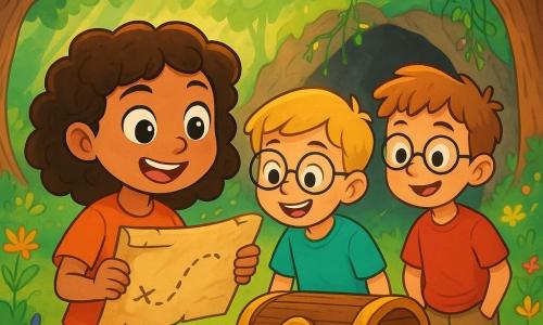 Uma menina de 8 anos, Sofia, com cabelos castanhos e cacheados, grandes olhos brilhantes de curiosidade, segura um velho rolo de mapa com um rosto radiante de empolgação e determinação. Ao seu lado, seu amigo Tiago, um garoto de 8 anos com cabelos loiros e óculos redondos, observa o mapa com um sorriso entusiasmado, seus olhos brilhando de aventura. Ao fundo, Mário, outro garoto de 8 anos com cabelos castanhos, observa com uma expressão intrigada, as mãos nos bolsos do seu short. A cena acontece em uma floresta encantada, onde árvores de troncos retorcidos e folhas verdes criam um dossel natural. Raios de sol penetram através da folhagem, iluminando o chão coberto de flores coloridas e pequenas pedras cintilantes. Sofia e seus amigos estão diante de uma caverna misteriosa, cercada por cipós e flores silvestres, enquanto descobrem o tesouro escondido. A atmosfera está cheia de empolgação e mistério, enquanto se preparam para abrir uma velha caixa adornada com padrões antigos.