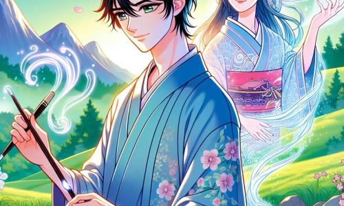 Um homem chamado Hiroshi, na casa dos trinta anos, está à beira de uma fonte cristalina, seu rosto expressando uma determinação suave e serena. Ele tem cabelos negros, ligeiramente ondulados, e usa um quimono tradicional azul decorado com padrões florais delicados. Em sua mão, ele segura um pincel de caligrafia, seus olhos brilhando de esperança e sabedoria. Ao seu lado, aparece a silhueta etérea de sua velha amiga, uma jovem de cerca de 25 anos, com longos cabelos flutuantes e um rosto que irradia uma luz suave e tranquilizadora. Ela sorri para Hiroshi, pronta para segui-lo no além. O cenário é um vale verdejante, cercado por montanhas majestosas, onde cerejeiras em flor soltam pétalas rosas no ar. A luz do sol filtra através dos galhos, criando sombras dançantes no chão. A cena principal mostra Hiroshi desenhando padrões luminosos no ar com seu pincel, enquanto o espírito de sua amiga emerge de uma abertura mágica, pronta para atravessar para um mundo de paz. As cores vibrantes e os detalhes encantadores evocam uma atmosfera de mistério e serenidade.