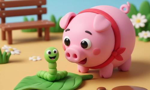 A joyful, excited candy-pink chubby pig with big shiny black eyes, rosy cheeks, a corkscrew tail and a small red scarf snuffling the ground with its snout near a large green leaf; a small bright green slender wiggly worm with tiny round eyes and a wide smile peeks and laughs from under the leaf just in front of the pig's snout. The sunny farmyard setting has a wooden bench, a shiny brown mud puddle, white daisies and a soft blue sky. Playful, innocent hide-and-seek with a joyful, colorful atmosphere and smooth, shiny clay-like textures.