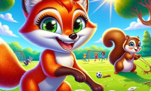 Al centro dell'immagine, una giovane volpe dai folti peli rossi, con grandi occhi brillanti di gioia, corre su un campo da gioco soleggiato, con un sorriso radioso sul volto. Accanto a lei, un piccolo scoiattolo dal pelo marrone e dalla coda folta, con occhi scintillanti di eccitazione, si prepara a lanciare una piccola fionda fatta di rami e foglie. Sullo sfondo, un vasto campo di margherite si estende sotto un cielo blu chiaro, punteggiato da nuvole bianche e soffici. Gli alberi maestosi fiancheggiano il campo, le loro foglie verdi danzano dolcemente al vento. La scena rappresenta il momento in cui Viola e Leo, circondati dai loro amici animali, si preparano a giocare insieme a una partita di calcio, illustrando lo spirito di squadra e l'uguaglianza di genere, con risate e incoraggiamenti che fluttuano nell'aria.
