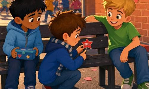 Drie jongens van ongeveer 10 jaar in een warme, rustige schoolpleinscène: Milo (bruin, warrig haar, blauwe jas, gestreepte sjaal) knielt links-voor bij een donkerhouten bankje en plakt een glanzende, licht gebolde stersticker met DEEL op de rugleuning, zijn hand op het hout en wat lijm- of glitterrestjes op zijn vinger; Jens (blond, groen T-shirt, spraakmakende grijns) zit rechts op het bankje en leunt bemoedigend naar Milo; Samir (kort zwart haar, lichtblauwe jas, verlegen maar opgelucht) zit links op het bankje met een koekendoosje en kijkt naar de sticker met een timide glimlach; licht winterse namiddag, lichte asfaltgrond met wat roze krijttekeningen en papieren hartjes, een drogende plas bij het bankje, op de achtergrond een rood schoolhek, vage spelende kinderen en rood-roze slingers aan een lichtoranje bakstenen muur; warme kleuren (rood, roze, oranje, blauw), lange schaduwen, zichtbare houtnerf, scherpe cartoon-3D cel-shading stijl en duidelijke, kindvriendelijke gezichtsuitdrukkingen.
