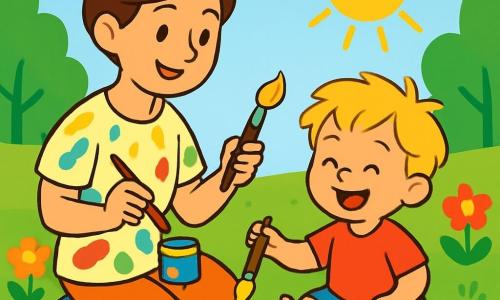 Een 2-jarig jongetje met rommelig blond haar en een grote blije glimlach zit op de grond, omringd door potten met kleurige verf. Hij draagt een rode t-shirt en een blauwe short en is bezig een grote, glanzende zon op een wit vel papier te schilderen. Zijn moeder, een vrouw van ongeveer 30 jaar met bruin haar in een knot, staat naast hem, glimlachend en aanmoedigend, met een penseel in de ene hand en een pot verf in de andere. Ze draagt een kleurige verfschort en kijkt trots naar haar zoon. De scène speelt zich af in een zonnige tuin vol kleurrijke bloemen met heldere bloemblaadjes en groene bomen op de achtergrond. De lucht is blauw en helder, en de zon schijnt, wat een blije, zomerse sfeer creëert. Het jongetje is geconcentreerd en gelukkig, enthousiast aan het schilderen, terwijl zijn moeder hem met genegenheid observeert, waardoor een magisch moment van creativiteit en gedeeld geluk ontstaat.