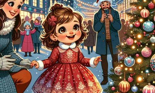 Una niña de 1 año, con grandes ojos brillantes y cabello rizado castaño, está en el centro de la imagen, sonriendo y asombrada, mirando un enorme árbol de Navidad decorado con luces brillantes y bolas de colores. Lleva un bonito vestido rojo con motivos de copos de nieve y medias blancas. A su derecha, su madre, una mujer de unos 30 años, con cabello largo y liso, vestida con un abrigo de lana azul, la mira con ternura, sonriendo y sosteniendo una pequeña bolsa de compras llena de decoraciones navideñas. A su izquierda, su padre, un hombre de unos 32 años, con barba castaña y un gorro de Navidad, está tomando una foto de Lila con su teléfono, riendo alegremente. El lugar es un mercado navideño animado, lleno de puestos coloridos, luces brillantes y guirnaldas, con copos de nieve cayendo suavemente del cielo. La situación principal muestra a Lila, maravillada por la magia de la Navidad, cantando alegremente con un pequeño reno de peluche a su lado, mientras su familia se agrupa a su alrededor, creando un momento cálido y festivo.