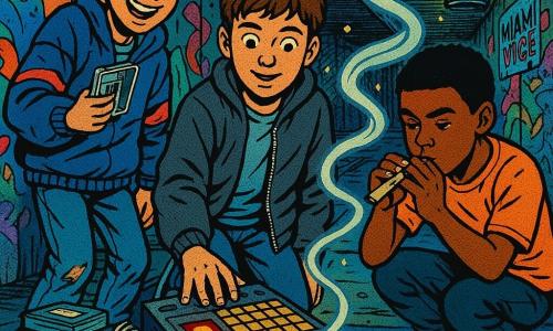 Drie jongens in een lage, smalle kelder onder een stads sportveld: Noor (11) knielt centraal bij een stoffige vierkante drumcomputer met een hand erop, Sem (11) links lacht nerveus terwijl hij een halfopen cassette vasthoudt, Javi (12) rechts hurkend blaast geconcentreerd in een zelfgemaakte papieren fluit; betonnen muren vol kleurige graffiti en vervaagde stickers 