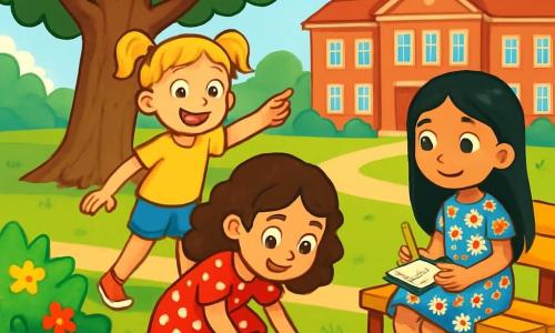 Er zijn 3 personages: - Noor: een 8-jarig meisje met krullend bruin haar en sprankelende ogen. Ze draagt een rode jurk met witte stippen en rode laarzen. Ze zit op de grond en onderzoekt een mysterieuze papieren in het gras. - Lotte: een 7-jarig meisje met blond haar in twee staartjes en een grote glimlach. Ze draagt een gele t-shirt en een spijkerbroek. Ze staat rechtop en wijst enthousiast naar een boom. - Samira: een 8-jarig meisje met lang, steil zwart haar, in een mooie bloemenjurk. Ze zit op een bankje met een klein notitieboekje en een potlood, klaar om hun ontdekkingen op te schrijven. De locatie is een groot schoolpark met een uitgestrekt groen veld, een grote oude boom met dicht loof, kleurrijke houten banken en stralende bloemen langs de paden. Op de achtergrond is een schoolgebouw van rode baksteen te zien, onder een helderblauwe lucht met enkele donzige witte wolken. De hoofdactie toont de drie vriendinnen die een mysterieus papier ontdekken dat tussen de struiken glijdt. Ze zijn opgewonden en nieuwsgierig, klaar om het mysterie samen op te lossen, omringd door de schoonheid van het zonovergoten park.