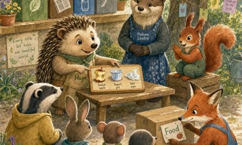 Hugo, a small brown-and-cream striped hedgehog with a gentle face and curious eyes, smiles and holds a small board with samples (peeled apple, yogurt pot, wet wipe); Pip, a red squirrel with large ears, cheers from a wooden crate; Lila, a slim red fox with a paint smudge, sticks a 