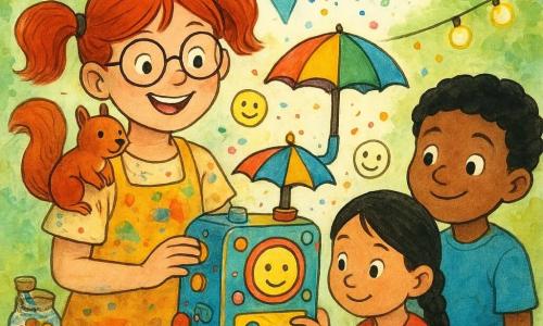 Lía, joven inventora sonriente de cabello rojizo en coletas y gafas redondas, lleva una bata manchada y sostiene una pequeña máquina colorida con un parasol y botones; Sofi, niña de ~7 años con trenza, pega pegatinas en la máquina; Tomás, niño de ~8 años, presiona un gran botón verde mientras sonríe; Chispa, ardilla rojiza en el hombro de Lía, y Pío, pajarito azul volando sobre la máquina, observan; todo en un puesto de festival al aire libre con banderolas y luces, mientras la máquina atrapa sonrisas: luces parpadean, el paraguas gira y caritas de papel flotan en ambiente cálido y festivo.