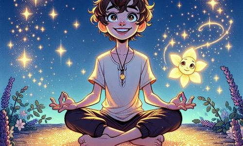 Un niño de 12 años, Lucas, con cabello castaño y rizado, está sentado en posición de loto sobre un suelo brillante de polvo de estrellas, con una amplia sonrisa serena en su rostro. Sus ojos brillan de asombro y calma mientras respira profundamente, con las manos sobre las rodillas, rodeado de una suave luz dorada. A su lado, una estrella llamada Estela, de forma delicada y luminosa, flota suavemente en el aire, emitiendo un resplandor tranquilizador y parece animarlo con benevolencia, sus rayos centelleando alrededor de Lucas. La escena transcurre en una isla flotante de polvo de estrellas, con flores de jazmín y lavanda que perfuman el aire. El cielo es de un azul profundo, salpicado de estrellas brillantes que crean una atmósfera mágica y pacífica. Lucas está practicando posturas de yoga, inhalando y exhalando lentamente, mientras una suave brisa estrellada acaricia su rostro, aportando una sensación de tranquilidad y conexión con el universo.