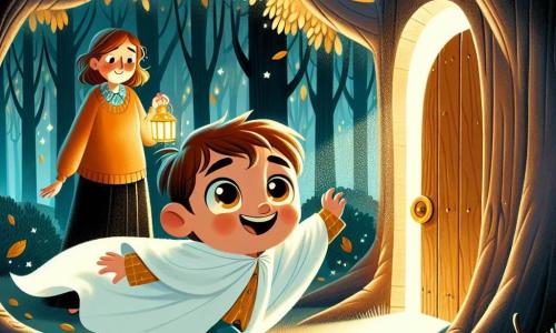 Un niño de 4 años, Miguel, con cabello castaño y ojos brillantes, disfrazado de fantasma con una gran sábana blanca, corre alegremente en un parque oscuro y misterioso. Tiene una gran sonrisa en el rostro, lleno de emoción y curiosidad. A su lado, su mamá, una mujer de unos treinta años con cabello castaño y un suéter naranja, lo mira con ternura mientras sostiene una pequeña linterna que ilumina su camino. El parque está lleno de árboles con hojas doradas y sombras danzantes, con una ligera bruma que añade un toque de misterio. En el centro de la ilustración, una pequeña puerta de madera, escondida en el tronco de un gran árbol, está entreabierta, dejando entrever una luz suave y acogedora. La escena principal muestra a Miguel descubriendo una llave dorada que encontró en el suelo, mientras se acerca a la puerta mágica, listo para abrirla y entrar en un mundo de aventuras y sorpresas.