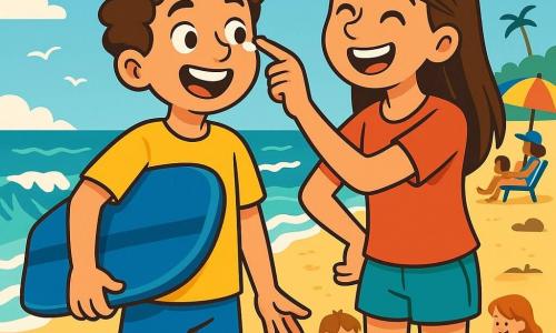 Un niño de 12 años, llamado Mateo, con cabello castaño y rizado, y una gran sonrisa maravillada en su rostro, está en la playa, con los pies en la arena dorada. Lleva un bañador azul brillante y una camiseta amarilla, sosteniendo una tabla de boogie bajo el brazo. A su lado, su hermana de 14 años, Sofía, con cabello largo y liso, se aplica crema solar en la nariz, riendo alegremente. Al fondo, olas brillantes rompen en la orilla, mientras niños construyen castillos de arena y familias disfrutan del sol bajo sombrillas coloridas. La escena principal muestra a Mateo listo para zambullirse en el agua, con los brazos abiertos, preparado para atrapar una ola, bajo un cielo azul brillante y gaviotas volando arriba.
