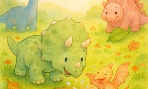Tino, un triceratopo gioioso e rassicurante con tre piccole corna tonde e ampia criniera, pelle verde chiaro maculata, tende una zampa verso una piccola pozza di fango dove un pterodattilo fradicio dalle ali sottili e piume pesca sbatte le ali e sorride riconoscente; a sinistra, Dino il diplodoco alto e calmo dal collo blu-grigio osserva sorridendo, a destra Lilla la stegosauro rosa pallido con placche arrotondate tiene una grande foglia accovacciata sull’erba; valle erbosa con fiori rossi e gialli, ruscello sullo sfondo, atmosfera di gioco e solidarietà in tinte acquerellate e luce calda mattutina, tratti morbidi e leggere schizzi intorno alla pozza.