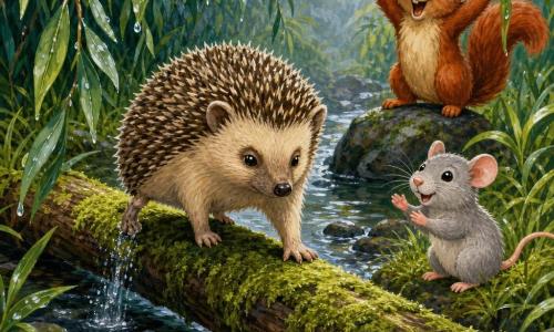 Poppy, a small brown-ivory hedgehog with soft rounded spines and a slightly smaller, bent right hind leg, pauses on a mossy log in a willow hollow, face concentrated but serene, chest swelling with a slow, deliberate breath; Mallow, a pale gray mouse with bright eyes, stands on the near right bank smiling and encouraging with a tiny paw raised as if to applaud; Bristle, a red squirrel with large ears, perches on a rock at the back, mouth open in a cheer and holding a shiny acorn; the narrow stream setting features a slippery moss-covered log, rain drops on leaves, silver reflections on the water, wet grasses and light morning mist, the composition centered on the log with soft green and warm brown contrasts, palpable moss texture and small splashes around the paws.