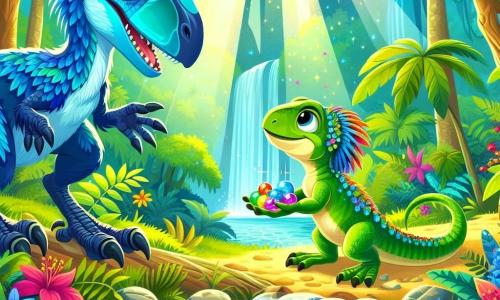 Un velociraptor llamado Raptorino, con plumaje verde azulado brillante y ojos chispeantes de curiosidad, está al borde de un arroyo cristalino, mirando con asombro a una pequeña iguana llamada Lila, que tiene piel verde y escamas brillantes, recogiendo frutas coloridas de un árbol. Lila, llena de energía, está justo al lado de Raptorino, sonriendo y sosteniendo una fruta en sus pequeñas patas. Al fondo, se extiende una jungla exuberante, con árboles gigantes de hojas esmeralda, flores brillantes y rayos de sol filtrándose a través del follaje, creando una atmósfera mágica. La escena principal muestra a Raptorino y Lila, intrigados por un misterioso murmullo que proviene de la cueva de los ecos, listos para partir juntos en una aventura para descubrir su origen.