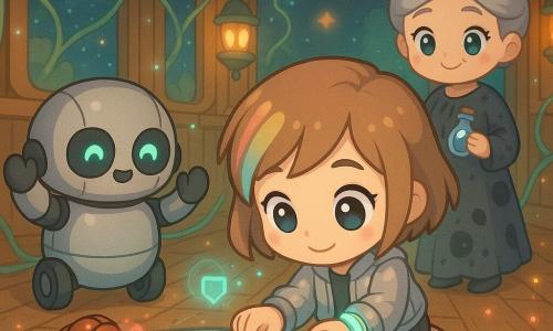 An 8-year-old girl with short light-brown hair and a colored streak, wearing a silver jacket and a glowing Balance Band bracelet, kneels before a glowing bluish-green circular basin (the Heartwell) and gently places a small green square Melody Chip into a runic slot; behind her to the left stands Orlo, a child-sized round maintenance robot with smooth metal, friendly LED eyes, raised mechanical arms and visible wheels, and in front of her sits a tiny copper beetle micro-cleaner drone blinking and projecting a minuscule hologram; to the right, Auntie Juno, about 45, with silver hair in a bun and an ink-patterned dress, watches kindly holding a vial of luminous ink; the central carriage interior shows runic rings, vine-like luminous cables, glass panels scattering stars and floating icons, polished wood and satin metal in a warm mint atmosphere, as the basin’s light smooths into soft waves, magiotech lanterns ignite and colored sparks drift in a calm, collaborative repair moment.