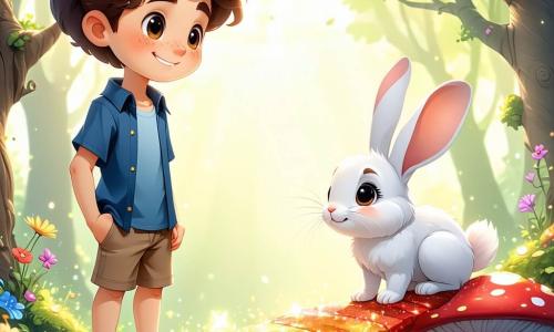 A 5-year-old boy named Oliver, with curly brown hair, sparkling star-like eyes, and a big smile, stands on a shimmering rainbow bridge. He shows an expression of determination and excitement, ready to help his friends. Beside him is a small rabbit named Benny, with soft white fur and large ears, looking at Oliver with hopeful eyes, sitting under a colorful mushroom. The setting is the Land of Laughter, a magical landscape where trees laugh and flowers sing, with bright colors and rainbows lighting up the sky. The main scene shows Oliver and Benny on the bridge, surrounded by twinkling lights, as they prepare to help the Fairy of Laughter find her lost magical dust, filled with joy and adventure.