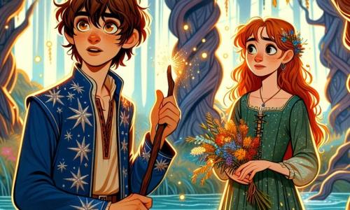 A young boy, Arthur, a twelve-year-old apprentice wizard, stands by a shimmering river, his face marked by wonder and excitement. He has messy chestnut hair, bright curious eyes, and wears a blue velvet tunic adorned with silver star patterns. In his hand, he holds a rowan wood wand, ready to uncover the mysteries around him. Beside him is a twelve-year-old girl named Mira, with fiery hair and dark eyes. She wears a green linen dress sprinkled with wildflowers and holds a bouquet of flowers, observing them with a determined expression. She stands slightly back, looking at Arthur with a mix of support and concern. The setting is an enchanted glade surrounded by tall, gnarled trees with shimmering leaves, bathed in the golden light of the setting sun. Golden petals gently fall from the branches, creating a magical and welcoming atmosphere. The main scene shows Arthur and Mira in front of a majestic tree, the heart of the woods, where Arthur is about to plant a golden acorn, symbolizing their quest to break an ancient curse. The air is filled with magic, and a gentle breeze makes the leaves dance around them, while a soft glow emanates from the tree, promising forthcoming revelations.