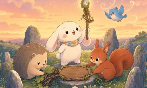 Milo, a small white rabbit with long floppy ears and a striped scarf, stands proudly holding a braided wooden explorer's wand with moss, an inset shiny pebble and a tiny bell, placing it by a small bark plaque; to his right Lila, a red squirrel with curious eyes, crouches smiling and holds a vine to fasten the plaque, to his left Juno, a round beige hedgehog, looks gentle and focused holding leaves to reinforce a little root bridge, and Bea, a cheerful light-blue bird, flies above tracing spirals with her wings; on a grassy hilltop at dusk within a circle of ancient stones around a wooden slab, pale blue flowers and soft grass under an orange sky with the first stars, the group quietly celebrates as they set a small engraved plaque reading For explorers who seek kindness, the wand glowing softly, warm solemn pastel colors, simple rounded shapes.