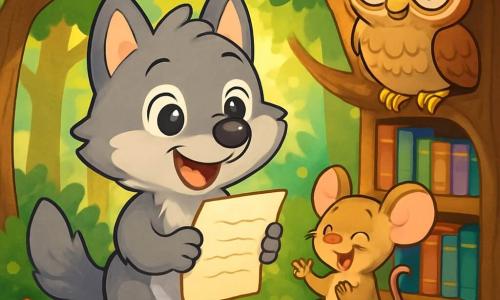 Ein kleiner Wolf namens Wolli, mit weichem grauem Fell und großen, strahlenden Augen, hält eine Liste in seinen Vorderpfoten und lächelt begeistert. Er steht in einem verwunschenen Wald, umgeben von majestätischen Bäumen mit leuchtend grünen Blättern und bunten Blumen, die im Wind tanzen. Neben ihm sitzt eine kleine Maus namens Mimmi, mit hellbraunem Fell und großen, neugierigen Ohren, die Wolli bewundernd anblickt, während ihr Gesicht vor Freude strahlt. Sie sitzt auf einem Stapel Bücher, bereit zu helfen, während ein weiser Uhu, Herr Eule, mit braunen Federn und runden Brillen, sie von einem Ast aus beobachtet und ein wohlwollendes Lächeln zeigt. Die Szene spielt sich in einer magischen Waldbibliothek ab, wo Bücher mit funkelnden Einbänden auf Holzregalen stehen und das Sonnenlicht durch die Äste filtert, goldene Muster auf den Boden zaubert. Wolli, voller Aufregung, präsentiert stolz seine Dankesliste an seinen Papa, während Mimmi fröhlich applaudiert und Herr Eule sie mit einem weisen Blick ermutigt.