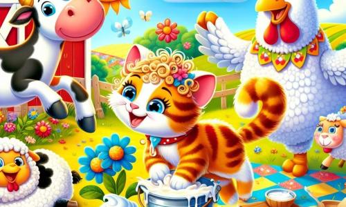 Un gato llamado Miau, con pelaje rayado naranja y ojos brillantes de curiosidad, salta de alegría en el centro de una granja colorida, rodeado de flores y vegetación. A su derecha, una vaca blanca con manchas negras, sonriente, sostiene un cubo de leche fresca, lista para servir. A su izquierda, un gallo con plumas brillantes de rojo y amarillo canta alegremente, mientras una suave oveja lanosa, con una gran sonrisa, se prepara para colocar un pastel en forma de flor sobre una mesa de madera. La escena tiene lugar en una granja soleada, con un granero rojo de fondo, campos verdes y un cielo azul salpicado de nubes blancas. Miau y sus amigos se divierten preparando una fiesta llena de risas y alegría, mientras un pequeño perro travieso se acerca, listo para hacer travesuras.