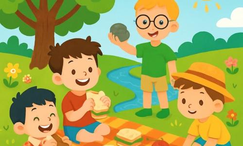 Er zijn 4 kinderen: - Tom: een 7-jarig jongetje met rommelig bruin haar en sprankelende ogen. Hij draagt een rode t-shirt en een blauwe short. Hij zit op de deken, glimlachend, met een sandwich in zijn hand. - Max: een 6-jarig jongetje met blond haar en ronde brillen. Hij draagt een groene t-shirt en bermuda's. Hij staat bij de rivier en wijst naar een grote steen die hij heeft gevonden. - Sam: een 5-jarig jongetje met kastanjebruin haar en een strohoed. Hij draagt een gele t-shirt en een gestreepte short. Hij zit op zijn hurken en kijkt naar een mooie kleine bloem bij zijn voeten. - Finn: een 4-jarig jongetje met zwart haar en ronde wangen. Hij draagt een geruite blouse en een rode short. Hij zit naast Tom, lacht en neemt een hap van een stuk brood. De locatie is een mooi groen park met een grote boom met dicht loof en een glinsterende rivier die zachtjes stroomt. Kleurrijke bloemen omringen het pad, en er ligt een geruite deken op het gras, vol met heerlijke sandwiches en fruit. De situatie toont de kinderen die genieten van een vrolijke zomerse picknick, lachend en spelend samen, omringd door de stralende en zonnige natuur.