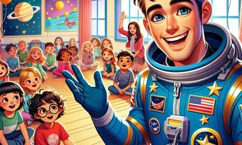 Un bărbat astronaut, Alex, zâmbitor și entuziast, poartă un costum spațial albastru împodobit cu insigne aurii care reprezintă stele. Ochii săi strălucesc de curiozitate și entuziasm în timp ce se află în fața unui grup de copii, toți captivați de povestea lui. Printre copii, o fetiță de 10 ani, cu părul creț și ochelari rotunzi, ridică mâna cu un aer uimit, pregătită să pună o întrebare. Un băiat de 9 ani, îmbrăcat cu un tricou roșu și cu părul dezordonat, ascultă cu atenție, cu ochii mari, așezat pe podea în fața lui Alex. Scena are loc într-o sală de sport luminoasă, cu pereți colorați și afișe cu planete și stele. Balonii plutesc de-a lungul tavanului, adăugând o atmosferă veselă și jucăușă. Alex explică cu pasiune aventurile sale în spațiu, înconjurat de copii curioși care îl ascultă cu atenție, fețele lor fiind iluminate de uimire și imaginație.