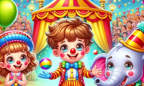 În centrul imaginii, Andrei, un băiat de 8 ani cu părul castaniu și un zâmbet mare, poartă un costum de clown colorat cu un nas roșu și pantofi mari. El jonglează cu mingi colorate, având ochii strălucind de bucurie. La dreapta lui, Maria, o fetiță de 7 ani cu părul ondulat și o rochie roz, aplaudă cu entuziasm, obrașele ei fiind rumene de emoție. La stânga, Ionuț, un băiat de 9 ani purtând o pălărie mare de clown, râde în hohote ținând o banană, pregătit să o ofere unui elefant. În fundal, cortul circului se ridică măreț, cu dungi roșii și galbene care strălucesc sub soare. Baloane colorate plutesc în aer, iar lumini sclipitoare decorează intrarea. Spectatorii uimiți stau în jur, unii ținând vată de zahăr. Scena îi arată pe Andrei, Maria și Ionuț în acțiune, înconjurați de animale de circ, cu elefanți dansând și câini sărind prin cercuri, creând o atmosferă festivă și veselă.