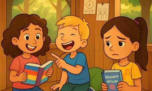 Er zijn 3 personages: - Lisa: een 10-jarig meisje met krullend bruin haar, in een roze t-shirt en een spijkerbroek. Ze glimlacht vrolijk en houdt een kleurrijk boek in haar handen. - Joep: een 10-jarige jongen met kort blond haar, in een blauw t-shirt en groene broek. Hij lacht en wijst naar iets grappigs. - Sara: een 10-jarig meisje met lang, steil haar in een paardenstaart. Ze draagt een gele bloemenjurk en heeft een zowel verdrietige als vastberaden uitdrukking. Ze houdt een klein notitieboekje vast. De drie vrienden zijn in hun houten clubhuis, omringd door majestueuze bomen in een groene bos. Zonnestralen filteren door de bladeren en creëren een warme, uitnodigende sfeer. Binnen liggen kleurrijke kussens op de vloer en hangen tekeningen aan de muren. De hoofdscene toont de drie vrienden die samen aan hun vriendschapsboek werken, met glimlachen op hun gezichten, terwijl Sara, een beetje verdrietig, het notitieboekje met genegenheid bekijkt en zich hun waardevolle herinneringen herinnert.