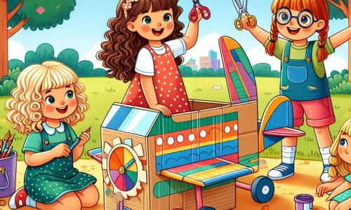 In einem sonnigen Park versammeln sich vier fünfjährige Mädchen um eine große, bunte Pappmaschine. Mia, mit braunen, lockigen Haaren und einem roten Kleid mit weißen Punkten, steht links und hält eine Schere. Lila, mit geflochtenen blonden Haaren und einer blauen Bluse, sitzt in der Mitte und malt farbige Muster auf die Maschine. Emma, mit glatten, kastanienbraunen Haaren, trägt ein grünes T-Shirt und Shorts und steht rechts, während sie begeistert das Steuern der Maschine imitiert. Klara, mit roten Haaren und runden Brillen, hockt neben den Flügeln der Maschine und hält Seile. Der Park ist voller bunter Blumen, großer grüner Bäume und eines klaren blauen Himmels mit einigen weißen Wolken. Die vier Freundinnen bauen ihre unglaubliche Pappmaschine und träumen davon, bald für fantastische Abenteuer durch den Himmel zu fliegen.