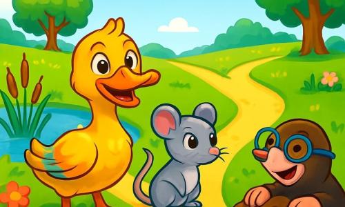 Eine Ente namens Emil mit glänzendem, goldschimmerndem Gefieder und neugierigen, funkelnden Augen steht am Rand eines kleinen Teichs. Er hat einen entschlossenen und fröhlichen Ausdruck, bereit für ein Abenteuer. Neben ihm beobachtet Lila, eine kleine Maus mit silbergrauem Fell und großen, schelmischen Augen, aufmerksam den Weg, mit einem konzentrierten Gesichtsausdruck. Max, ein lustiger Maulwurf mit großen runden Brillen und einem schelmischen Lächeln, gräbt etwas weiter weg, mit schmutzigen Pfoten, während er den Ideen seiner Freunde lauscht. Die Szenerie zeigt eine wunderschöne Landschaft mit grünen Wiesen, bunten Blumen und majestätischen Bäumen, unter einem strahlend blauen Himmel mit sanft schwebenden, wolkigen Wolken. Im Mittelpunkt funkelt der kleine Teich in der Sonne, umgeben von tanzenden Schilfrohren. Die Hauptsituation zeigt Emil und seine Freunde an einer Gabelung des Weges, zögernd zwischen zwei glitzernden Pfaden, bereit, ihr Abenteuer zu wählen, um den wertvollen Regenbogenschlüssel zu finden.
