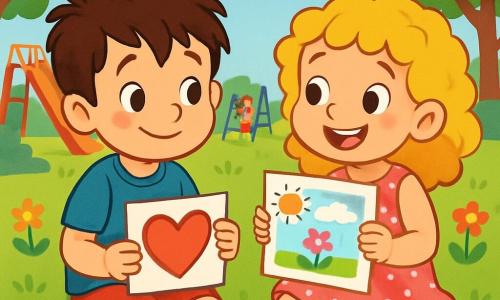 Há 2 personagens principais: - Lucas: um garoto de 6 anos, com cabelo castanho bagunçado, vestindo uma camiseta azul com um super-herói desenhado e um short vermelho. Ele está sentado na grama, com um sorriso tímido no rosto, segurando um desenho nas mãos. - Sara: uma menina de 6 anos, com cabelos cacheados e loiros, vestindo um vestido rosa com bolinhas brancas. Ela está sentada ao lado de Lucas, com as pernas cruzadas, sorrindo amplamente e com um desenho colorido em seus joelhos. O local da cena principal é um parque ensolarado, cheio de flores coloridas e árvores verdes. Ao fundo, há um escorregador e balanços, onde outras crianças brincam alegremente. O céu é azul com algumas nuvens brancas e fofas. A cena mostra Lucas e Sara compartilhando seus desenhos sobre seus sentimentos, sentados juntos na grama. Eles trocam sorrisos cúmplices, cercados por cores vibrantes e uma atmosfera alegre, ilustrando a amizade e o apoio mútuo em um momento de compartilhamento.