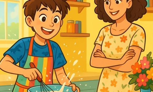 Un niño de 10 años, con el cabello castaño desordenado y ojos brillantes de alegría, está en una cocina luminosa, sonriendo ampliamente. Lleva una camiseta azul con dibujos de dinosaurios y un delantal colorido, mientras bate huevos en un bol, con salpicaduras de harina y azúcar a su alrededor que añaden un toque de caos divertido. A su lado, su madre, una mujer de unos treinta años con cabello rizado y una sonrisa cálida, lo observa con ternura. Ella viste un vestido ligero de flores y está cerca de la mesa, lista para ayudar, con los brazos cruzados y divertida por los esfuerzos de su hijo. La escena tiene lugar en una cocina acogedora, iluminada por luz natural, con paredes amarillas y estanterías llenas de tarros de mermelada y libros de recetas. Un ramo de flores frescas adorna la mesa, aportando un toque de color. El niño, concentrado y entusiasta, prepara una sorpresa para el Día de la Madre, batiendo los ingredientes con determinación, mientras su madre lo anima con una mirada orgullosa.