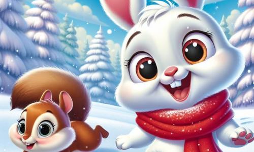 Ein kleiner weißer Hase namens Flocke mit großen Ohren und neugierigen, funkelnden Augen springt fröhlich im frischen Schnee und hat ein strahlendes Lächeln im Gesicht. Er trägt einen leuchtend roten Schal, der im Kontrast zur weißen Winterlandschaft steht. In der Nähe sucht seine beste Freundin, das Eichhörnchen Mia mit ihrem braunen Fell und dem buschigen Schwanz, konzentriert in der Schneedecke nach Nüssen. Die Szenerie ist ein verzauberter Wald, in dem die Bäume mit einer dicken Schicht glitzernden Schnees bedeckt sind und der Himmel strahlend blau mit bauschigen Wolken. Sanft fallende Schneeflocken verleihen der Szene einen magischen Touch. Flocke und Mia haben Spaß im Schnee, hinterlassen Fußspuren und lachen, während sie die Wunder des Winters entdecken.