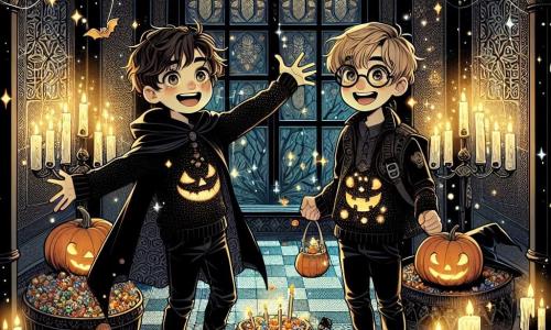 Un ragazzo di 9 anni, Marco, con i capelli castani arruffati e occhi scintillanti di curiosità, indossa un costume di Halloween nero decorato con motivi di zucche e pipistrelli luccicanti. Si trova al centro della scena, con le braccia aperte e un grande sorriso meravigliato, circondato da piccole scintille argentate che fluttuano attorno a lui. Accanto a lui, il suo amico Luca, anch'esso di 9 anni, con capelli biondi e occhiali rotondi, guarda Marco con occhi spalancati, tenendo un sacchetto di caramelle in una mano. La scena si svolge all'interno di una vecchia casa stregata, con muri ornati di arabeschi misteriosi e candele fluttuanti che illuminano la stanza con una luce calda e colorata. Marco e Luca scoprono la magia della casa, circondati da un'atmosfera festosa e misteriosa, mentre ombre danzano gioiosamente attorno a loro, creando un'atmosfera di meraviglia e avventura.