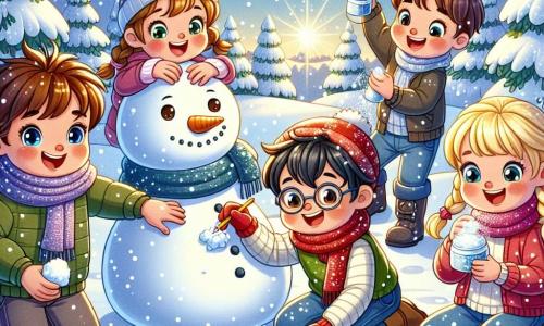 In un parco innevato, quattro bambini si divertono insieme. Marco, un ragazzo di sei anni con capelli castani e occhi vivaci, costruisce un grande pupazzo di neve, sorridente e concentrato. Accanto a lui, Sara, una ragazza di sei anni con capelli biondi e trecce, scuote un barattolo pieno di glitter per creare un effetto di neve magica. Poco più in là, Luca, un ragazzo di sei anni con capelli castani e una sciarpa rossa, impila palle di neve per fare un altro pupazzo di neve, ridendo con entusiasmo. Infine, Tommaso, un ragazzo di sei anni con capelli neri e occhiali, incolla foglie su un collage che rappresenta un paesaggio invernale, seduto su una coperta di neve. Il parco è pieno di grandi alberi coperti di neve scintillante, e il cielo è di un blu brillante, illuminato dal sole invernale. I bambini sono attivi, ridendo e giocando insieme, creando ricordi gioiosi nella bellezza invernale.