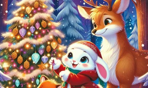 Un coniglietto di nome Beniamino, con un pelo morbido e bianco come la neve, indossa un cappottino rosso e un berretto di lana. Ha occhi brillanti di gioia e un grande sorriso mentre decora un maestoso albero di Natale con pigne dorate e luci scintillanti. Accanto a lui, una volpe amichevole, con pelo arancione e occhi maliziosi, appende ghirlande colorate sull'albero, ridendo di felicità. Un elegante cervo, con grandi corna e pelo marrone, osserva da lontano, ammirando il lavoro degli altri con uno sguardo orgoglioso. La scena si svolge in una foresta incantata, con alberi maestosi coperti di neve scintillante e luci multicolori. Fiocchi di neve cadono dolcemente, aggiungendo un tocco magico all'atmosfera festiva. Beniamino e i suoi amici animali si affaccendano gioiosamente attorno all'albero, cantando canti di Natale e condividendo risate, creando un momento caldo e felice nel cuore della magia del Natale.