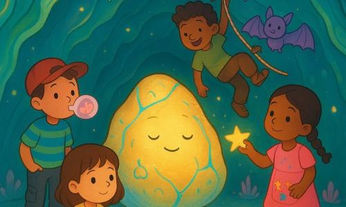 Hay 7 personajes: Luna, niña de 6 años, pelo castaño corto, camiseta amarilla y vaqueros, sentada en la roca luminosa central con mirada tierna; Nico, niño de 6 años, gorra roja ladeada y camiseta a rayas azul y verde, a la izquierda soplando una burbuja que se convierte en un pequeño animal de goma; Sara, niña de 6 años, pelo trenzado, vestido rosa con gran bolsillo de gomets, a la derecha pegando una estrella brillante en la roca; Manu, niño de 6 años, pelo alborotado y pantalón cargo, sujeto a una cuerda por los murciélagos haciendo una pirueta detrás de la roca; La Roca Rietes, la roca personaje, piedra grande y suave nacarada dorada con vetas azules, pequeñas bocas-campana dibujadas, flotando sobre el suelo con ojos dulces y fisuras que brillan; Pepita, la pequeña caracola luminosa, caracol de concha transparente que emite luz cálida amarillo-anaranjada y deja una estela de purpurina, avanzando hacia la roca; un grupo de cuatro murciélagos pequeños, siluetas redondeadas con alas translúcidas violetas, suspendidos sobre y detrás de la roca sosteniendo una cuerda brillante con la cola para ayudar a los niños. El lugar es una cueva colorida y brillante con paredes onduladas estriadas en turquesa, verde hoja y oro, suelo salpicado de cristales rosas, estalactitas florales y gotas de luz flotantes, con ambiente cálido y mágico. Situación: los cuatro niños intentan alcanzar la roca flotante que oculta una pequeña llave luminosa; acción dinámica y alegre: escalada con cuerda sujeta por los murciélagos, Sara pega una estrella, Nico hace nacer la burbuja-animal, Luna cuenta una historia sentada, Pepita ilumina el camino y la roca sonríe empezando a abrirse y a dejar escapar filamentos de luz de colores.