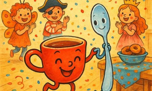 La Tazzina: piccola tazza rossa lucida con grande sorriso dipinto e manico rotondo come un'orecchia, sguardo vivace, che salta danzando; il Cucchiolino: cucchiaino azzurro pallido, timido ma sorridente, occhi rotondi, che tiene la tazza per il bordo e fa un piccolo passo di danza; bambini in maschera (farfalla, pirata, principessa) formano un cerchio colorato, ridono, applaudono e lanciano coriandoli; luogo: sala di festa cucina calda con tavolo di legno, tovaglie a pois e ghirlande colorate, coriandoli a terra e un vassoio di ciambelle con cioccolata calda; situazione: carnevale gioioso con coriandoli che vorticano, danza semplice e luminosa, atmosfera tenera e festosa, colori saturi e tratti inchiostrati nitidi.