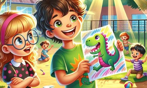 Un ragazzo di 8 anni, Leo, con capelli castani e ricci, un grande sorriso sul volto, indossa una maglietta verde con un dinosauro. Tiene in mano un grande disegno colorato del suo dinosauro, raggiante di orgoglio ed entusiasmo. Accanto a lui, una ragazza di 7 anni, Sofia, con lunghi capelli biondi e occhiali tondi, ammira il suo disegno, con gli occhi spalancati per la fascinazione. Indossa un vestito rosa a pois e si inclina leggermente in avanti, mostrando il suo interesse. Sullo sfondo, un ragazzo di 8 anni, Marco, con capelli neri e corti, gioca con un pallone, ridendo gioiosamente. La scena si svolge in un cortile scolastico soleggiato, con alberi verdi e fiori colorati intorno. I bambini giocano e ridono, creando un'atmosfera gioiosa e vivace. La situazione principale mostra Leo, orgoglioso del suo disegno, circondato dai suoi nuovi amici, celebrando insieme il loro primo giorno di scuola, pieni di felicità ed entusiasmo.